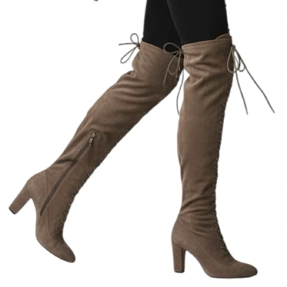 WILD DIVA Faux Suede Lace Up Front Over the Knee Heeled Boots Size 7 Brown